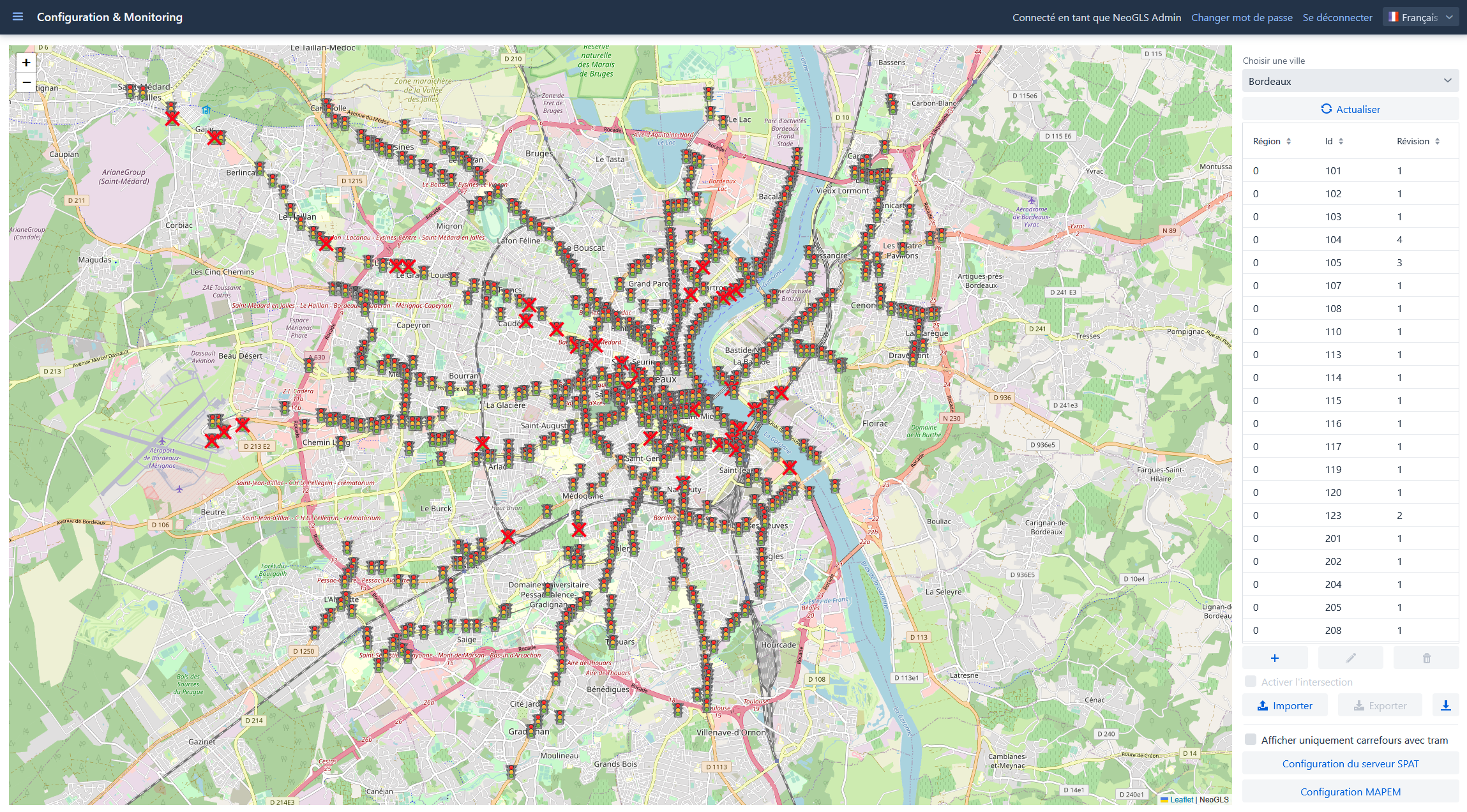 Carte des intersections configurées sur la ville de Bordeaux