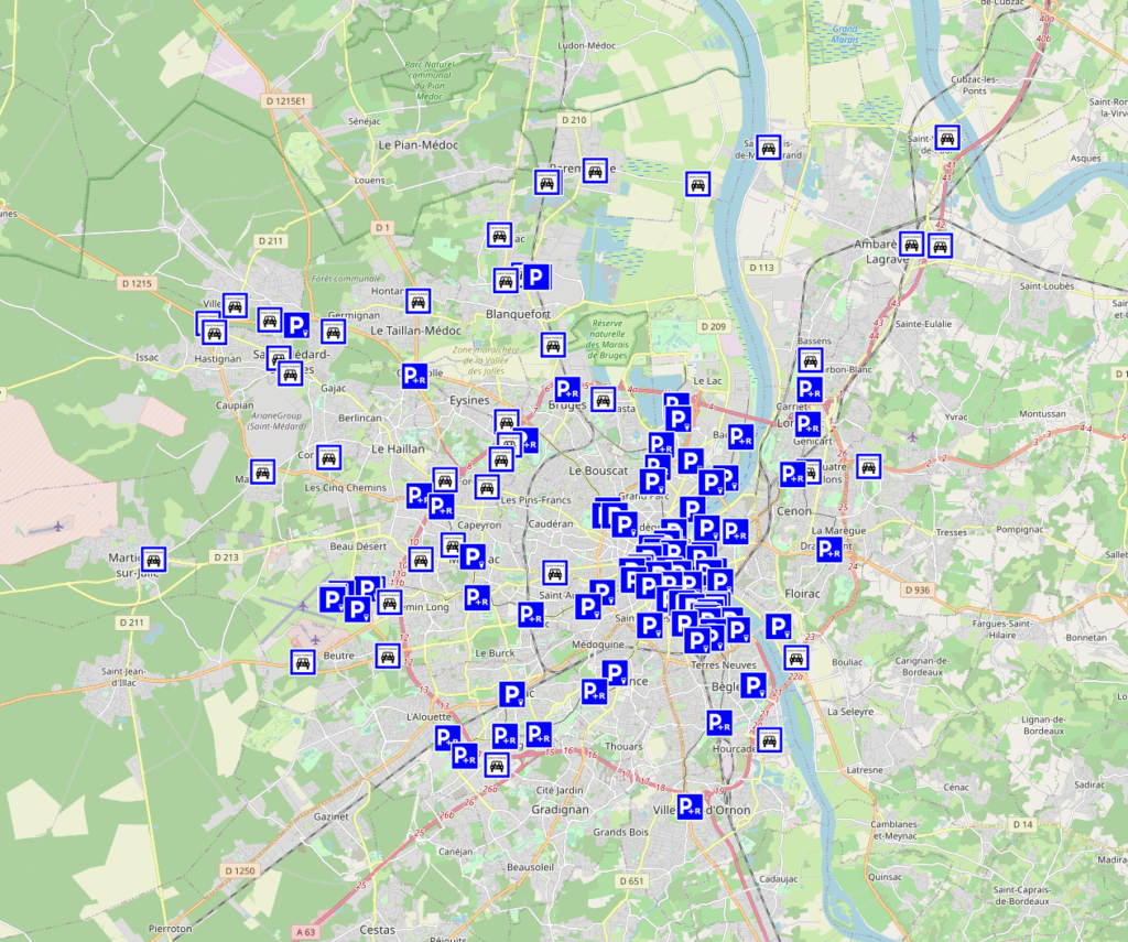 Map of parking available in the Bordeaux metropolitan area