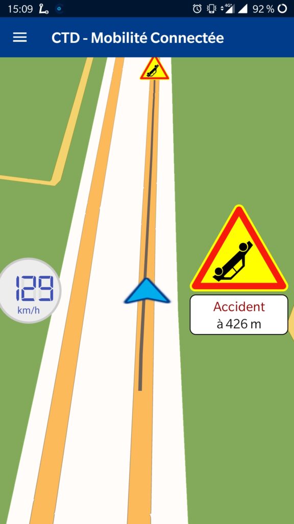 Display of an unexpected and dangerous event on the CTD - Mobilité Connectée application